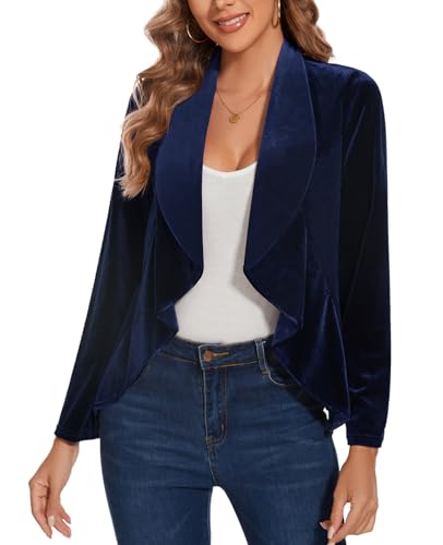 MINTLIMIT Womens Velvet Blazer Open Front Long Sleeve Suits Vintage Ladies Blazers Cardigans Casual Retro Ruffle Trim Unlined Going-Out Wear (Navy M)