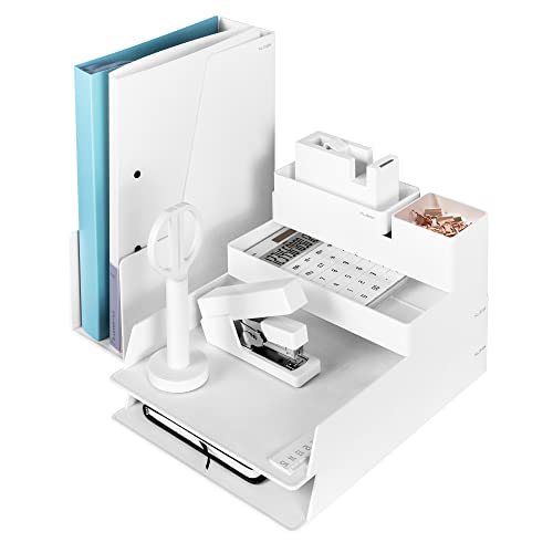 NUSIGN Desk Organizers Set, 13 Piece All-In-One Office Desk Organizer and Accessories, Drawer Organizer, Magazine File Holder, Calculators, Pencil Holder, Stapler, Scissors, Tape Dispenser, White