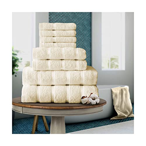 FAIRWAYUK Juego de Toallas de 8 Piezas para baño, Ultra Suaves, absorbentes, 100% algodón Egipcio, 4 Caras, 2 Toallas de Mano, 2 Toallas de baño, Color Crema