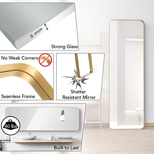 Upland Oaks Large Full Length Body Mirror For Floor & Wall In Bedroom - Metal Frame - Big & Tall Long Mirror For Leaning - Full Length Wall Mirror Size 65" X 21" (Gold, Recessed) #TOP5