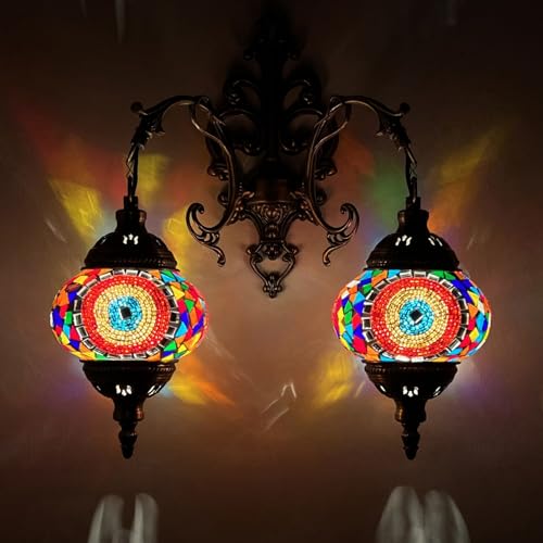 Farol de pared de estilo marroquí, rústico, con cable duro, 2 globos, decoración para pasillo, escalera, dormitorio, lámpara de pared de cristal doble de mosaico turco