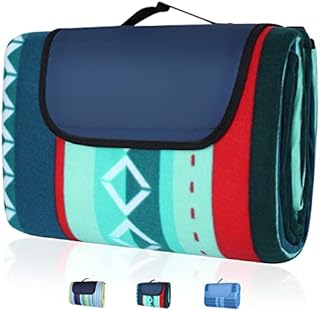 Large Picnic Blanket 300 x 200 cm, Waterproof Backing Picnic Blanket Outdoor Beach Mat with Carry Handle, 3 Layers Material, Fleece Heat, Beach Blanket for Camping, Picnic, Travel (Green Striped)