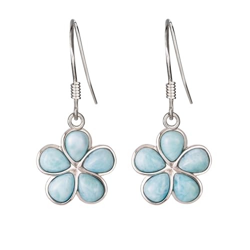 925 Sterling Silver Natural Larimar Gemstone Plumeria Flower Dangle Hook Earrings, Nickle Free Hypoallergenic for Sensitive Skin, Gift Box Included (Small, Larimar Rounded Petals) - Main Image