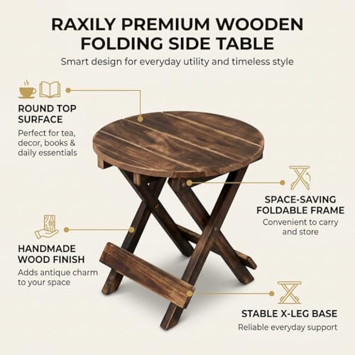 Image of Wooden Folding Side Table, Mango Wood Coffee Table for Living Room, Foldable Corner Table for Bedroom, 30 cm Square, Antique Finish (Round)