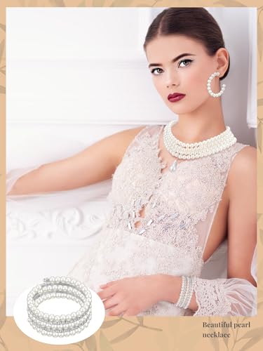 Image of BBTO 8 Pcs Pearl Necklace Earring Set Women Wedding Jewelry | Multi Layer Pearl Necklaces Bracelets, Rhinestones, Pearl Gift for Bridal Shower Birthday, Party Costume Jewelry