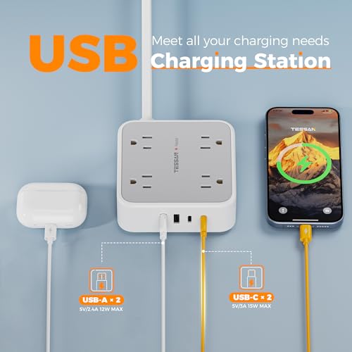 Image of TESSAN Surge Protector Power Strip, 5 Ft Flat Plug Extension Cord with 4 USB (2 USB C) 8 Outlets, 1250W, 900J Protection, 3 Sided Outlet Extender with Power Switch for Office, Dorm Room, Grey