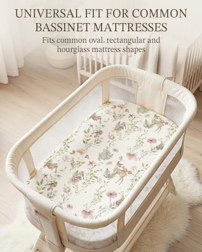 Image of Bassinet Sheets for Baby Girls Boys 2 Pack, Fitted Baby Mattress Sheet for Rectangle, Oval, Hourglass Bassinet Mattress, Breathable Cozy & Universal Fit (Floral Fawn, Bassinet Sheet)