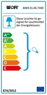 Energy efficiency label for WOFI Maya Table Lamp, showing compatibility with A++ to E class bulbs.