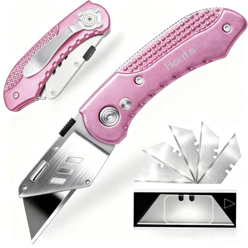 Box Cutter Retractable Folding Utility Knife with Aluminum Handle Heavy Duty Knife Back-lock Mechanism Stainless Belt Clip for Carpet Carton Box Cardboard with 5-piece Extra Blades (Pink)