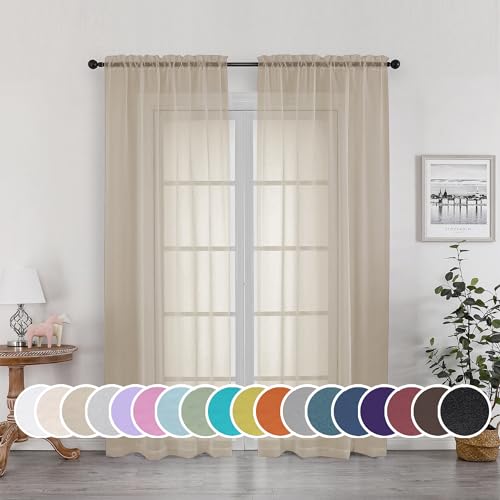Image of OWENIE Sheer Curtains 72 Inches Long for Bedroom Living Room, Rod Pocket Fimly Solid French Door Curtains Set of 2, Elegant Taupe Voile Curtains Panels Window Treatments, 42 inch Width