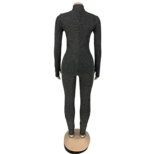 Womens Sexy Long Sleeve Lapel Metal Wire V Neck Solid Bodycon Party Clubwear Casual Jumpsuit Rompers Silvery #TOP3