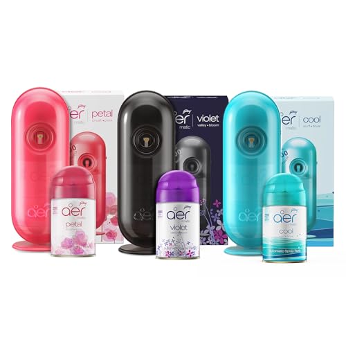 Image of Godrej aer Matic, Automatic Air Freshener Spray Kit with Flexi Control - Violet Valley Bloom & Cool Surf Blue & Petal Crush Pink (225 Ml)