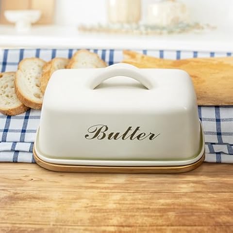 Off-white Butter Dish with Handle, Covered Butter Dish, Metal Airtight with Lid and Handle, Cute Counter Butter Keeper, Galvanized Steel Butter Counter Holder, Bamboo Butter Tray with Lid Cover