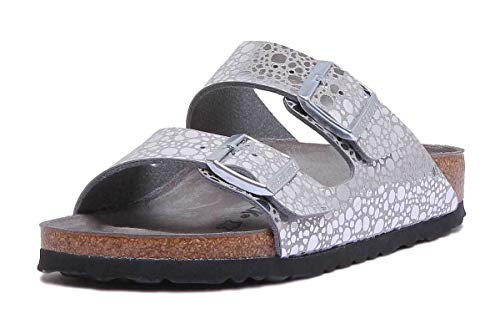 Image of Birkenstock Women's Heels Open Toe Sandals, Silver Metallic Stones Silver Gray Metallic Stones Silver Gray, 7.5 Narrow