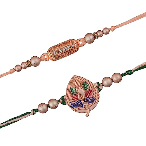 Image of eCraftIndia Multicolor Set of 2 Om Symbol and Peacock Designer Religious Rakhis with Roli Chawal Pack