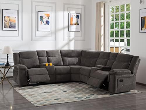 Manual Reclining Sectional Sofa with Streamlined Recline Seating, 2 Consoles with Cup Holders, 2 Recliners, Storage Included Sofa Couch for Living Room (Manual Reclining, Fabric Gray)