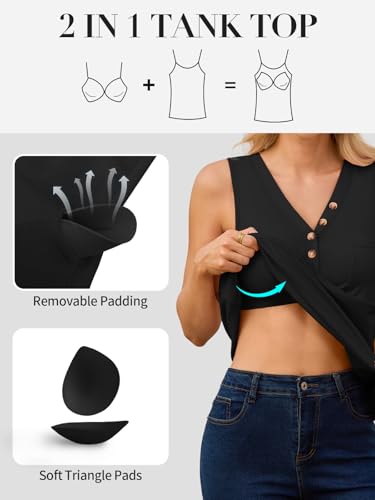 V FOR CITY Tank Top with Built-in Bra V Neck Loose Fit Camisole Tops for Women Casual Buttoned Cami Shirts2