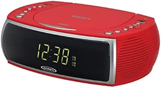 Jensen Red Modern Home CD Tabletop Stereo Clock Digital AM/FM Radio CD Player Dual Alarm Clock CD Top-Loading Player | USB Charging Port DV 5V 800mA | Headphone Jack | 0.9 Display Green LED