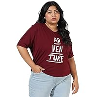 Instafab Plus Women's Maroon Slogan Top for Casual Wear | Round Neck | Short Sleeve | Plus-Size Top Crafted with Regular Sleeve, Comfort Fit & High-Performance for Everyday Wear