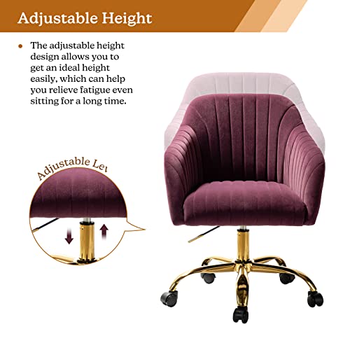 Hulala Home Velvet Home Office Desk Chair, Modern Cute Computer Task Chair, Wheels Swivel Height Adjustable Upholstered Vanity Chair For Women, Girls (Gold Base, Purple) #TOP3