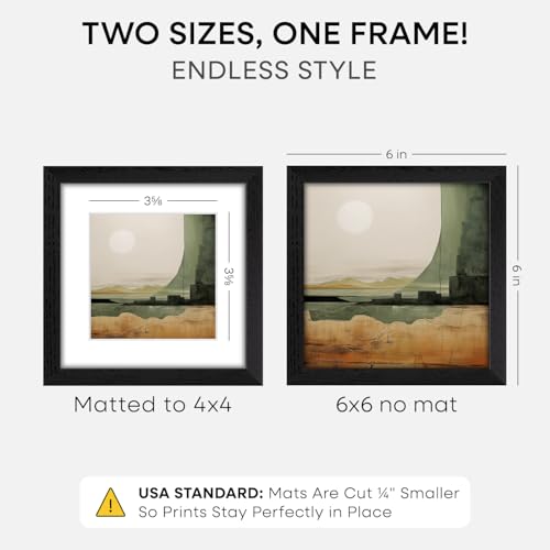 Image of Homeforia 6x6 Black Oak Picture Frame, High-End Wood, 4x4 Mat, Glass | High End Solid Oak Wood, Tempered Glass, Acid-Free 4x4 Removable Mat, 6x6 Edge-to-Edge Display 6x6, Wall Kit, Set Of 2