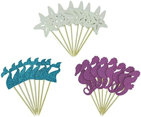 Topfun 24 Pcs Mermaid Theme Glitter Cupcake Topper Cake Picks Decoration for Baby Shower Kids Birthday Party Favors, including Mermaid Tail, Seahorse, and Starfish