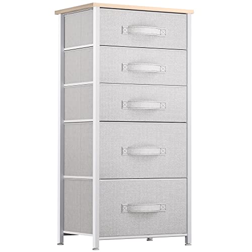 YITAHOME Tall 5 Drawer Dresser - Fabric Storage Tower, Organizer Unit for Bedroom, Living Room, Hallway, Closets - Sturdy Steel Frame, Wooden Top & Easy Pull Fabric Bins - Light Grey Pale Gr