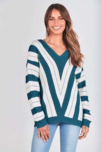 Image of PRETTYGARDEN Women's V Neck Striped Knit Pullover Sweater