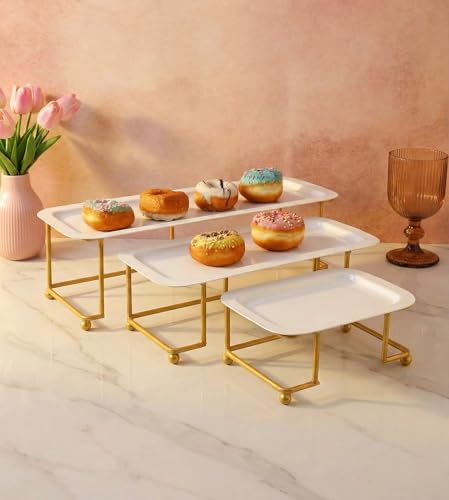 Image of Rectangular Metal Serving Platter Set of 3 - Multi-Tier Trays for Snacks & Party Serving | Decorative Buffet and Party Platters | Home Accessories Modern Design