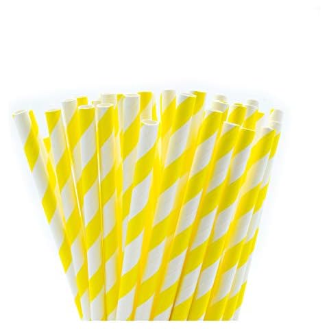 Yellow & White Striped Paper Drinking Straws, Regular 6mm Diameter, Eco-Friendly (100) Cover