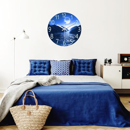 Image of XFM Blue Moon Wall Clock Battery Operated 14 Inch Silent | Non-Ticking Modern Glass Nature Round Analog Decorative for Kitchen Bedroom Living Room Office
