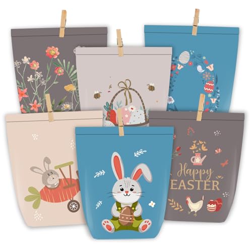 PANSIBY Geschenktüten Ostern Ostertüten zum Befüllen 12 Bunt Cozy Bedruckte Tüten mit Holz Klammern Karikatur Osterhasen Basteln Set