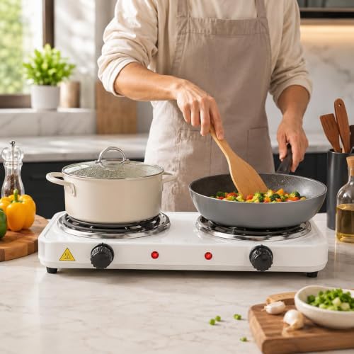 Image of Electric Double & Single Burner Hot Plate Portable Cooktop with Dual Adjustable Temperature Control | Electric Stove for Home, Hostel, Office, Travel, Dorm, Camping & Emergency Cooking (2000W)
