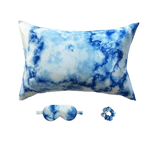 MOONLIGHT Silk Sleep Beauty Set 100% Seda de Morera, 22 Momme, 50x75 cm - Funda de Almohada | Antifaz para Dormir | Coletero - Grado 6A, Oeko-Tex Piel hidratada y sin Arrugas (Nubes Esponjosas)