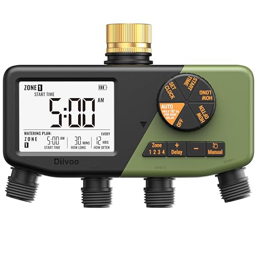 Diivoo 4 Zone Sprinkler Timer with Brass Inlet IP68 Waterproof 4 Zone Water Timer with Large Display Digital Control & Rain Delay & Manual Watering for Garden Hose Lawn Yard