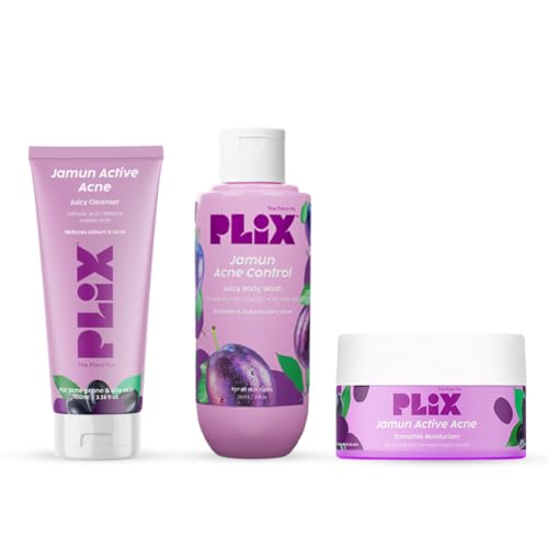 PLIX – THE PLANT FIX Jamun Skincare Combo | Cleanser, Body Wash and Active Acne Serum Combo For Active Acne, Body Acne & Oil Control, For Breakouts | Oily & Acne Prone Skin, Prevents Back Acne