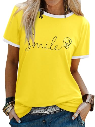 WIEIYM Women's T Shirts Smile Letter Print Summer Tee Crew Neck Ladies Short Sleeve Tops Casual Shirt S-XXL Bright Yellow
