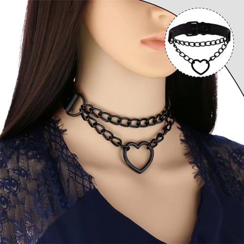 Herz Chocker Halsketten Kreis,Punk Choker Kette,Herz Charm Verstellbare Kragen Halskette,Elegant Halsband Damen,Lederhalsband,Collar,Gothic Schmuck,EMO Accessoires,Joker Kette,Rocker Outfit (Schwarz)
