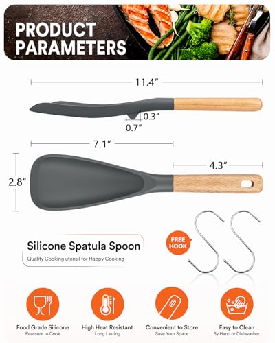 Cooking Spoon for Nonstick Cookwares, Great for Cooking and Serving Sturdy BPA-Free Matte Silicone, Wood Handle Spoon for Mixing, Scoop, and Scrape... - Image 2