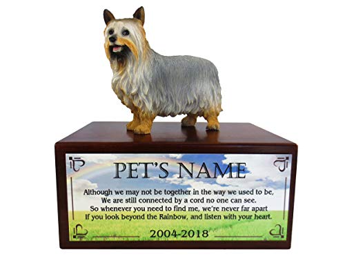Conversation Concepts Beautiful Paulownia Small Wooden Urn with Silky Terrier Figurine & Personalized Poem Beyond The Rainbow