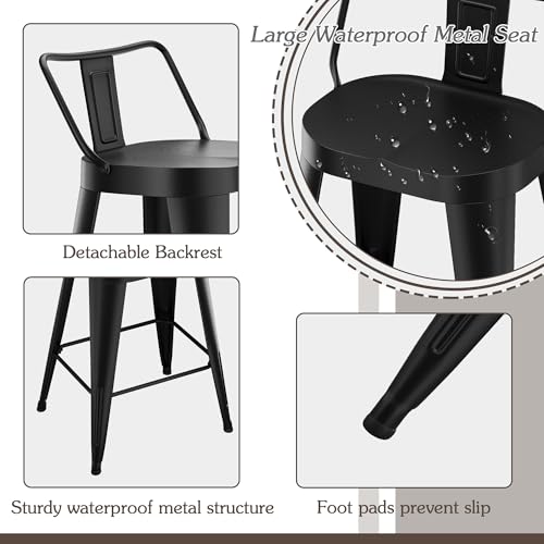 Conjunto de 4 butacos industriales de metal para exterior, altura de barra, asiento grande, respaldo bajo, color negro miniatura 6