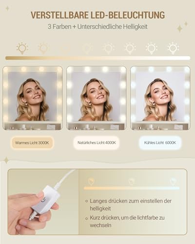 Hzuaneri Große Schminktisch mit LED-Beleuchtung, Weiß-Braun – Ansicht 6