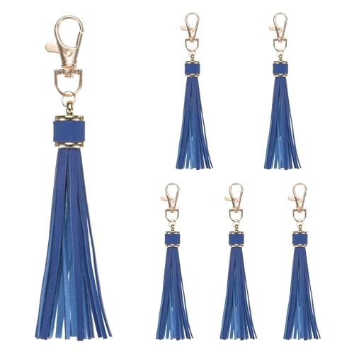 M METERXITY 6-Pack PU Leather Tassel 5.9 Inch Small Keychain Rust Faux Leather Tassels Charm Dark Blue with Rings for DIY Crafts/Keychain/Earrings/Bracelets/Necklace