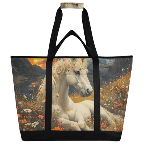 Bolsa térmica aislada con diseño de caballo en flores al pie de la montaña, plegable, reutilizable, para alimentos