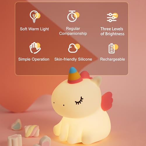 AGEK Unicorn Night Light for Kids, Cute Silicone Nursery Night Light Dimmable LED Squishy Unicorn Lamp Rechargeable Bedside Touch Lamp for Girls Women Breastfeeding Gifts Bedroom Decor