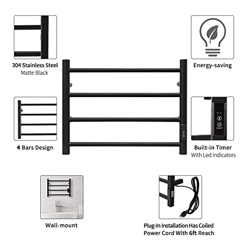 Mobider Towel Warmers For Bathroom - Hot Towel Warmer Rack With Timer, 4 Bars Wall-Mounted Electric Towel Warmer, Plug-In/Hardwired Heated Drying Rack - Matte Black #TOP3