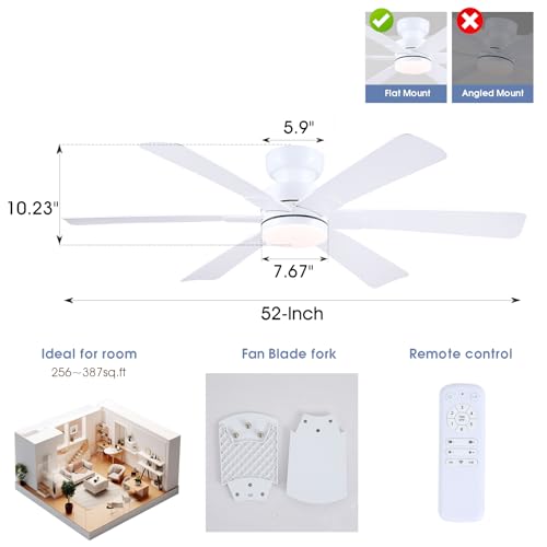 Image of 52 inch Low Profile Ceiling Fans with Lights and Remote, White Indoor Ceiling Fan Light with Quiet Reversible DC Motor,Modern Flush Mount Ceiling Fans with Dimmable LED for Bedroom Kitchen
