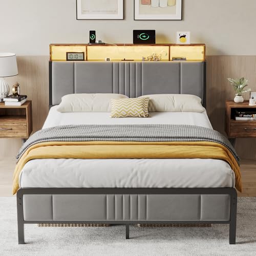 BedsPick Full Size Bed Frame with Ergonomic Headboard, Upholstered Metal Platform Bed Full with 2-Tier Storage, Charging Station, Smart LED Lights, Easy Assembly, No Box Spring Needed, Gray