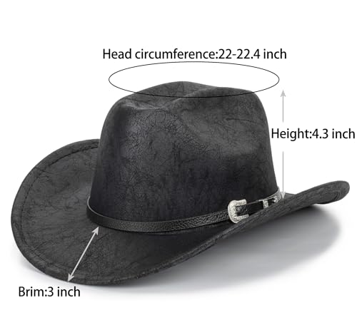 Image of Western-Cowboy-Hats for Women Men - Classic Wide Brim Felt Fedora Unisex Upturn Bull Head Cowgirl Caps with Buckle Belt