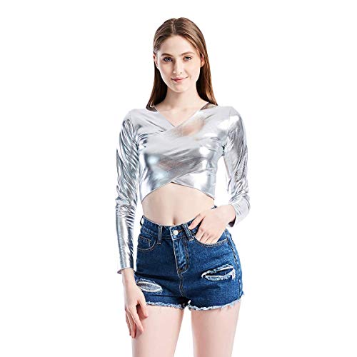 T-shirt manches longues métallisé en cuir synthétique haut de gamme avec détails volants chic